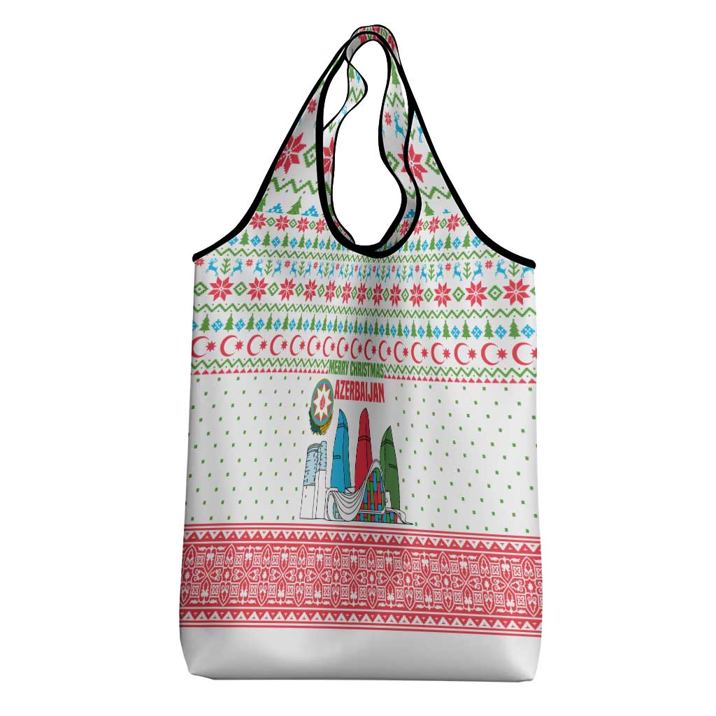 Azerbaijan Christmas Grocery Bag with Baku Skyline Azerbaijan Flag and Red Green Snowflake Pattern Design - Wonder Print Shop