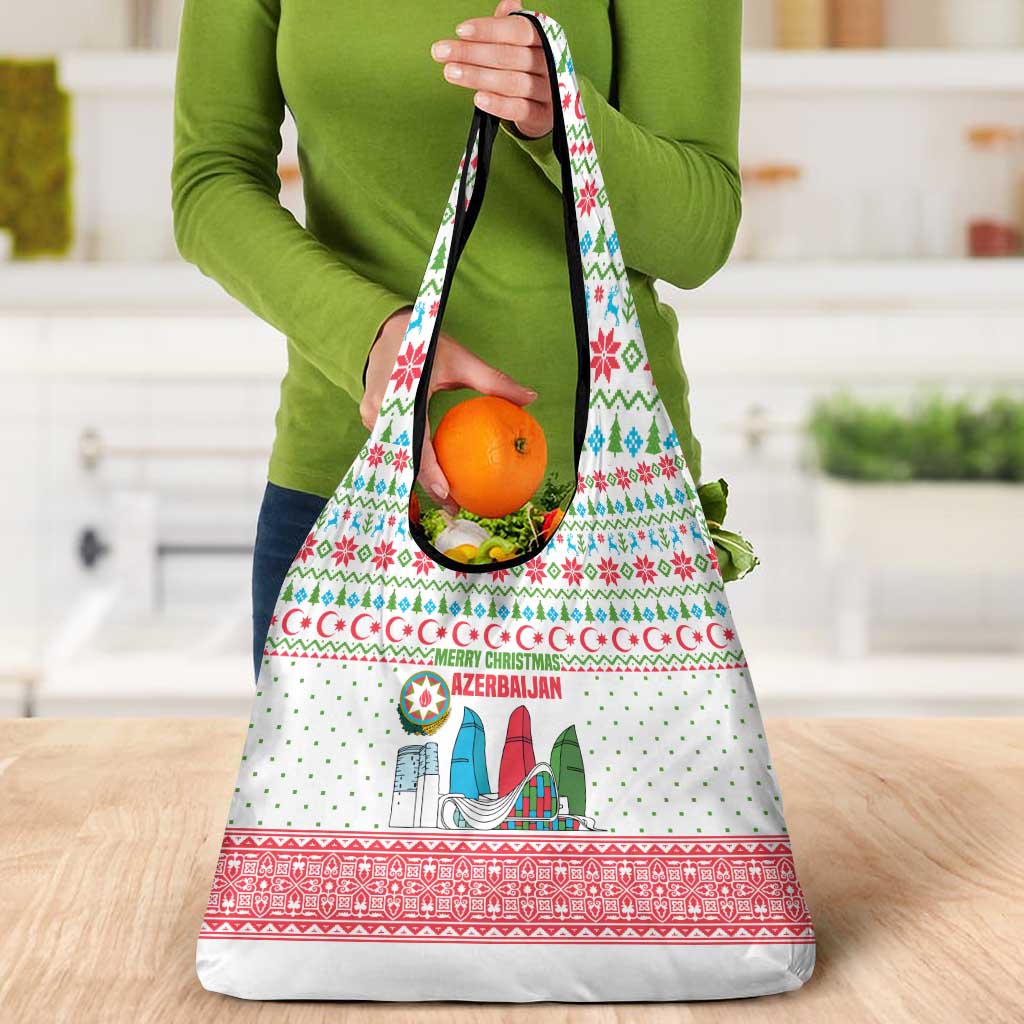Azerbaijan Christmas Grocery Bag with Baku Skyline Azerbaijan Flag and Red Green Snowflake Pattern Design - Wonder Print Shop