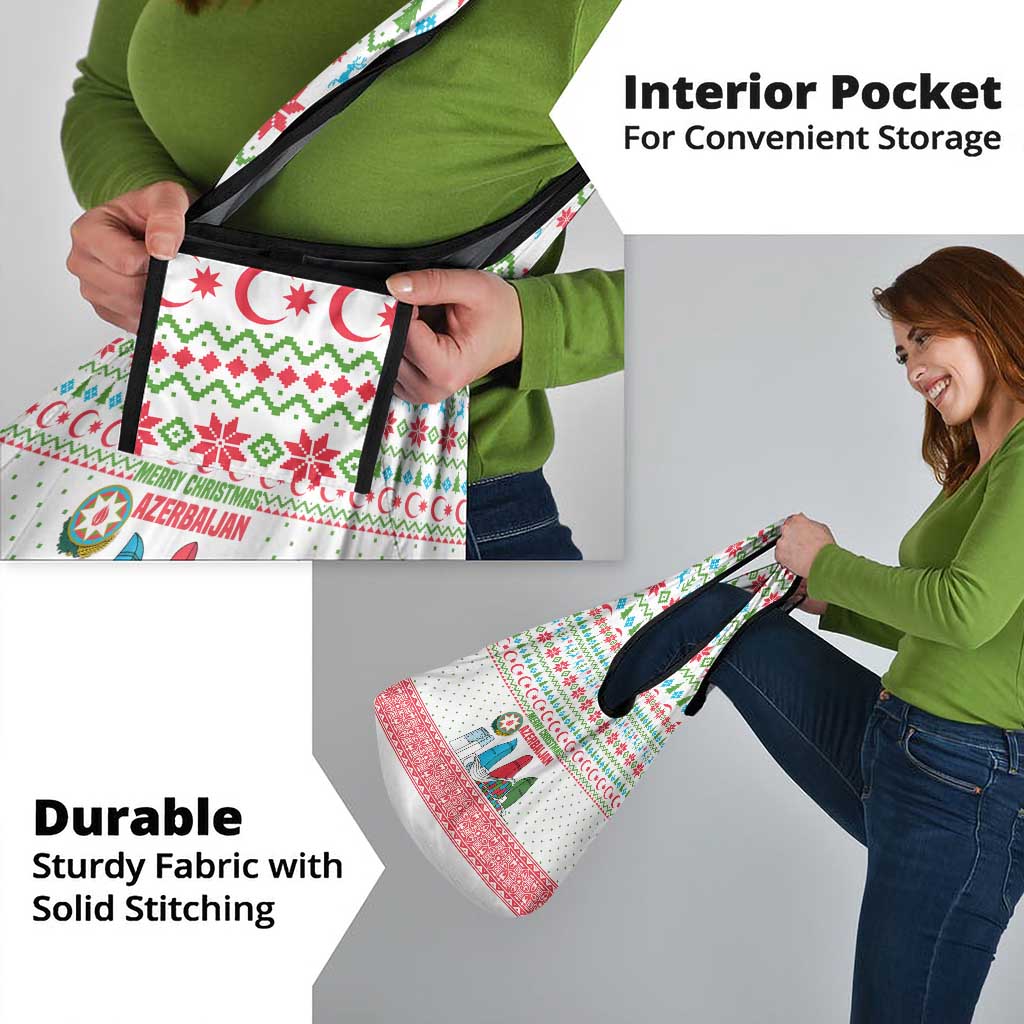 Azerbaijan Christmas Grocery Bag with Baku Skyline Azerbaijan Flag and Red Green Snowflake Pattern Design - Wonder Print Shop