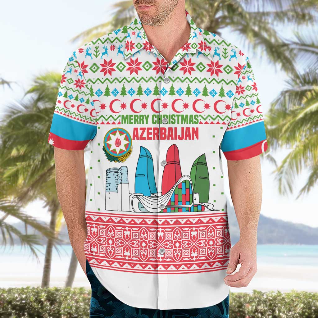 Azerbaijan Christmas Hawaiian Shirt with Baku Skyline Azerbaijan Flag and Red Green Snowflake Pattern Design - Wonder Print Shop