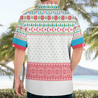 Azerbaijan Christmas Hawaiian Shirt with Baku Skyline Azerbaijan Flag and Red Green Snowflake Pattern Design - Wonder Print Shop