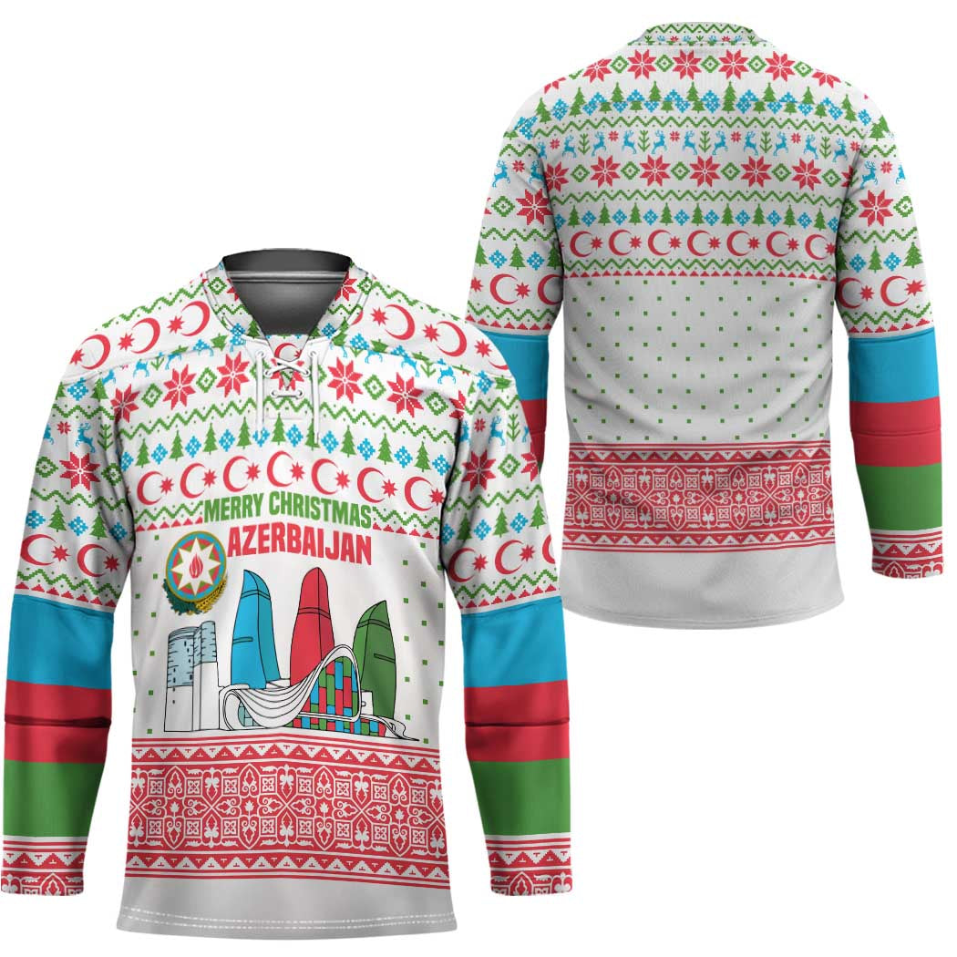 Azerbaijan Christmas Hockey Jersey with Baku Skyline Azerbaijan Flag and Red Green Snowflake Pattern Design - Wonder Print Shop