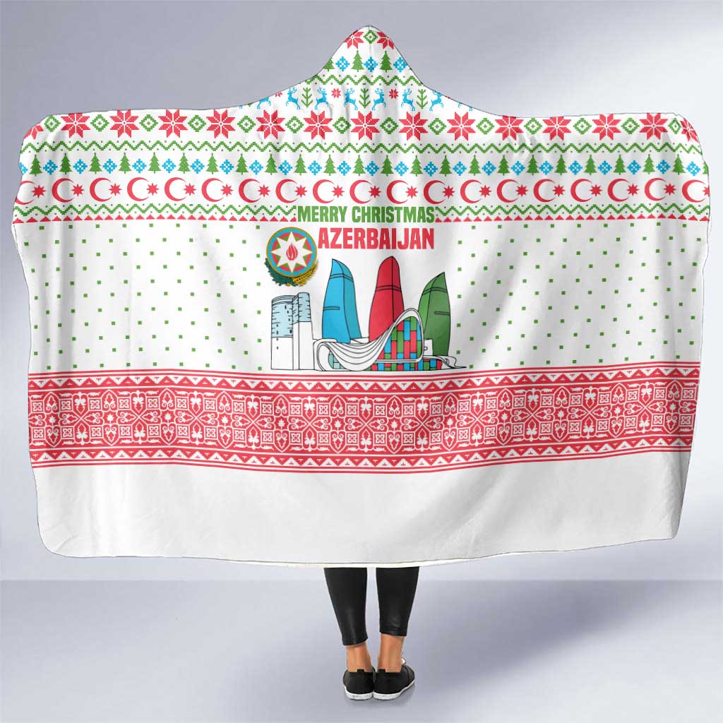 Azerbaijan Christmas Hooded Blanket with Baku Skyline Azerbaijan Flag and Red Green Snowflake Pattern Design - Wonder Print Shop