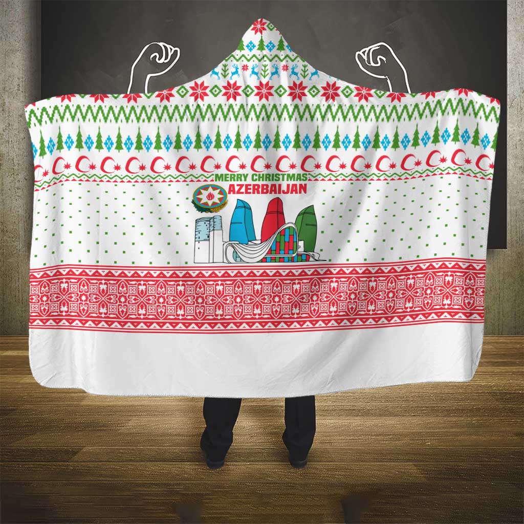 Azerbaijan Christmas Hooded Blanket with Baku Skyline Azerbaijan Flag and Red Green Snowflake Pattern Design - Wonder Print Shop