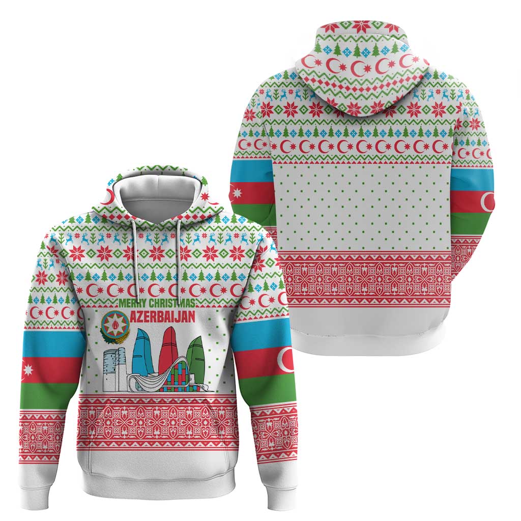 Azerbaijan Christmas Hoodie with Baku Skyline Azerbaijan Flag and Red Green Snowflake Pattern Design - Wonder Print Shop