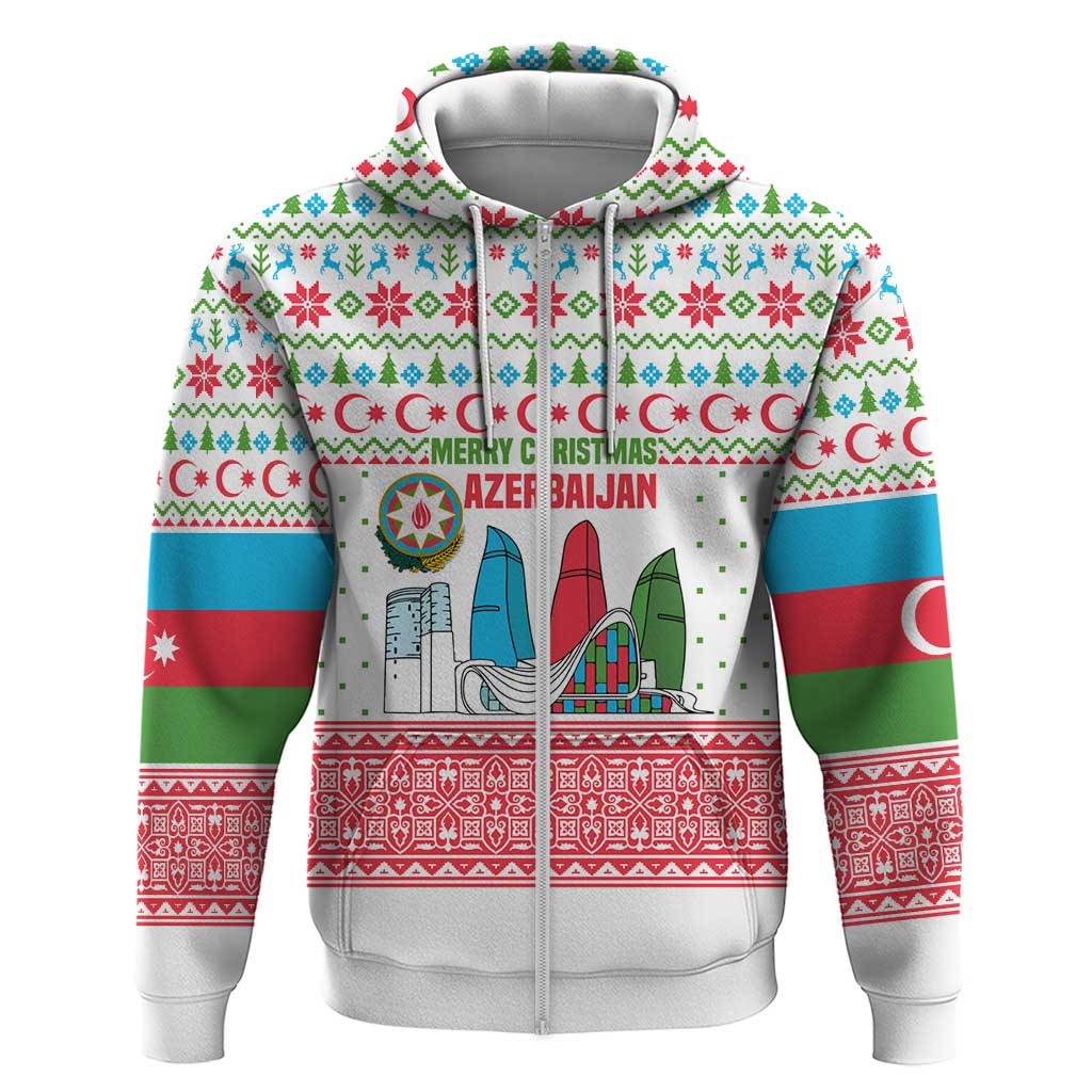 Azerbaijan Christmas Hoodie with Baku Skyline Azerbaijan Flag and Red Green Snowflake Pattern Design - Wonder Print Shop