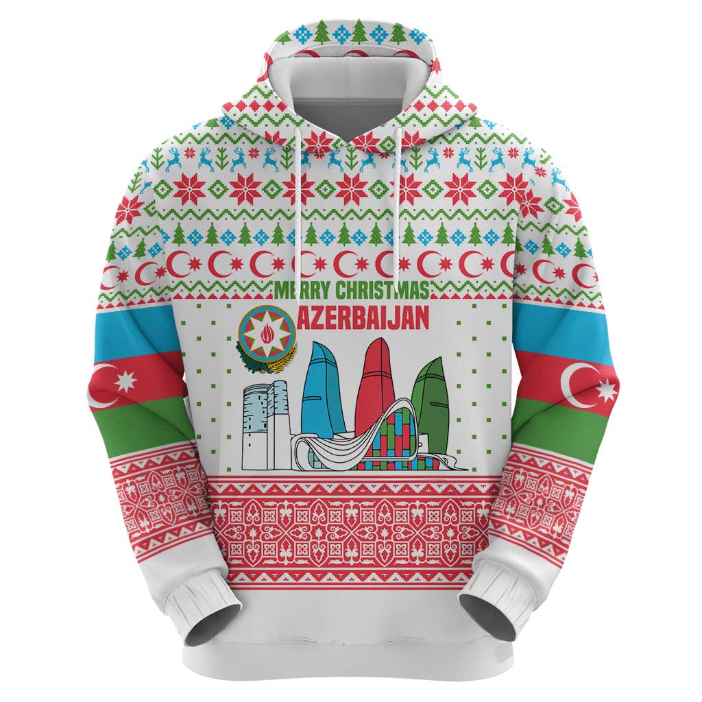 Azerbaijan Christmas Hoodie with Baku Skyline Azerbaijan Flag and Red Green Snowflake Pattern Design - Wonder Print Shop