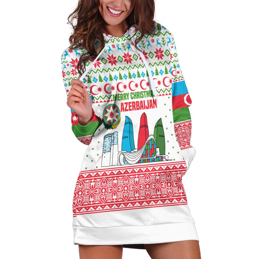 Azerbaijan Christmas Hoodie Dress with Baku Skyline Azerbaijan Flag and Red Green Snowflake Pattern Design - Wonder Print Shop