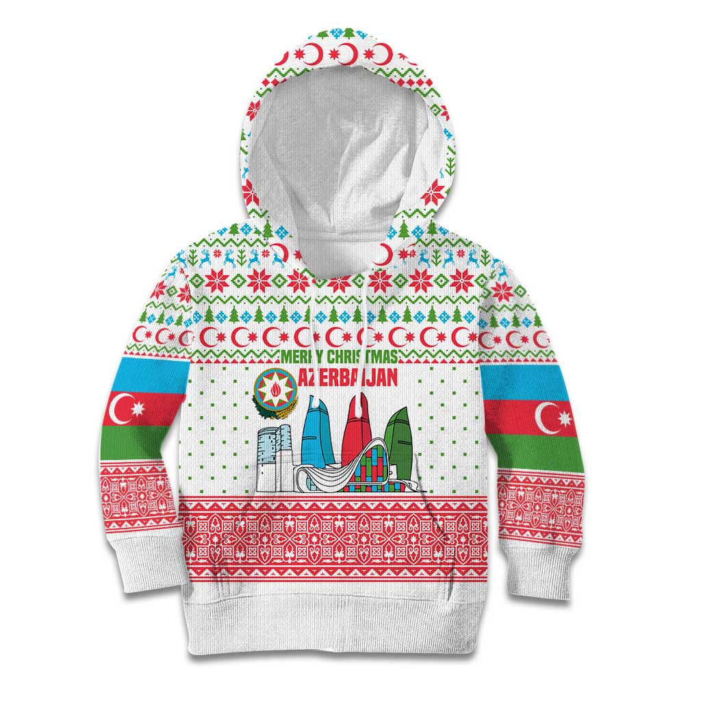Azerbaijan Christmas Kid Hoodie with Baku Skyline Azerbaijan Flag and Red Green Snowflake Pattern Design - Wonder Print Shop