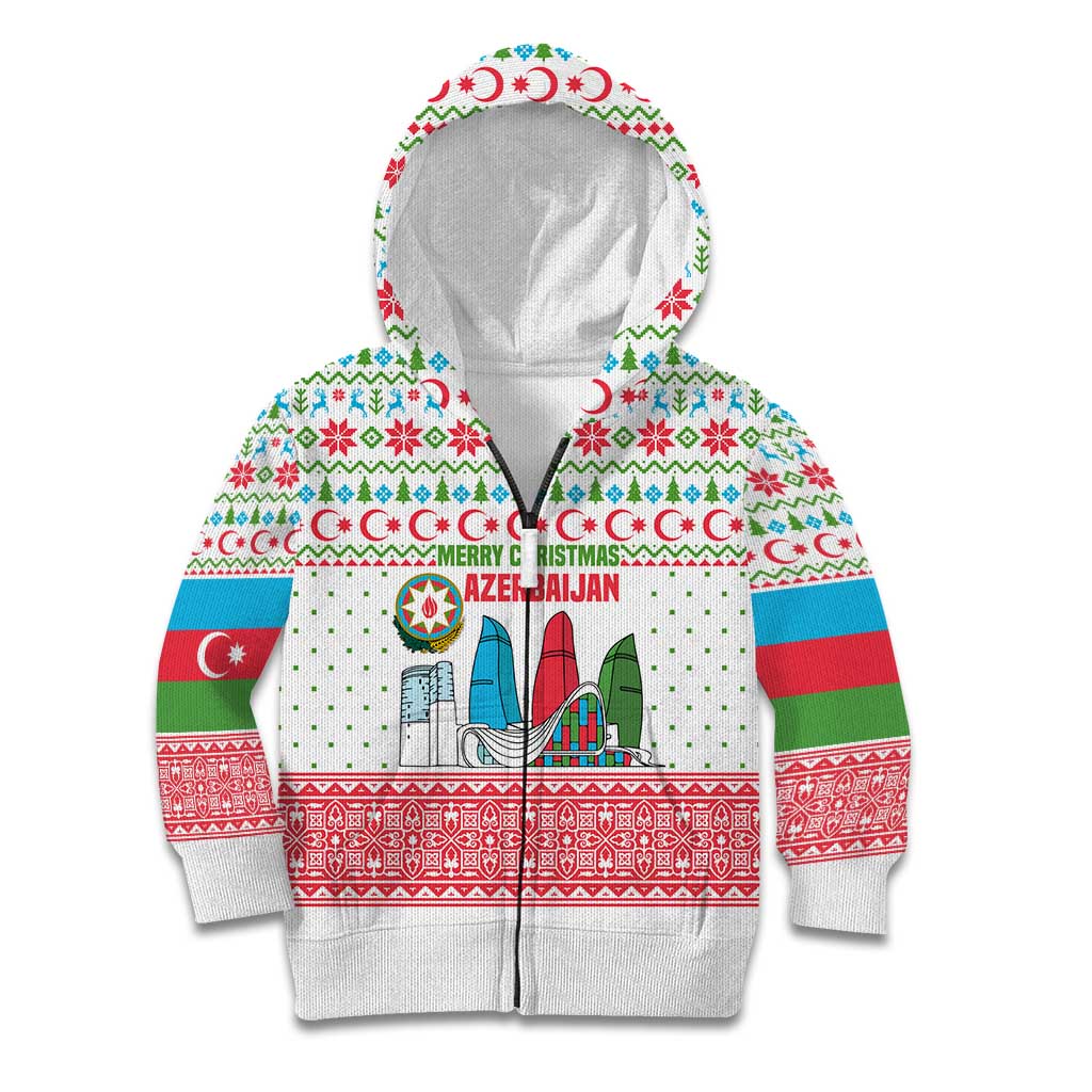 Azerbaijan Christmas Kid Hoodie with Baku Skyline Azerbaijan Flag and Red Green Snowflake Pattern Design - Wonder Print Shop