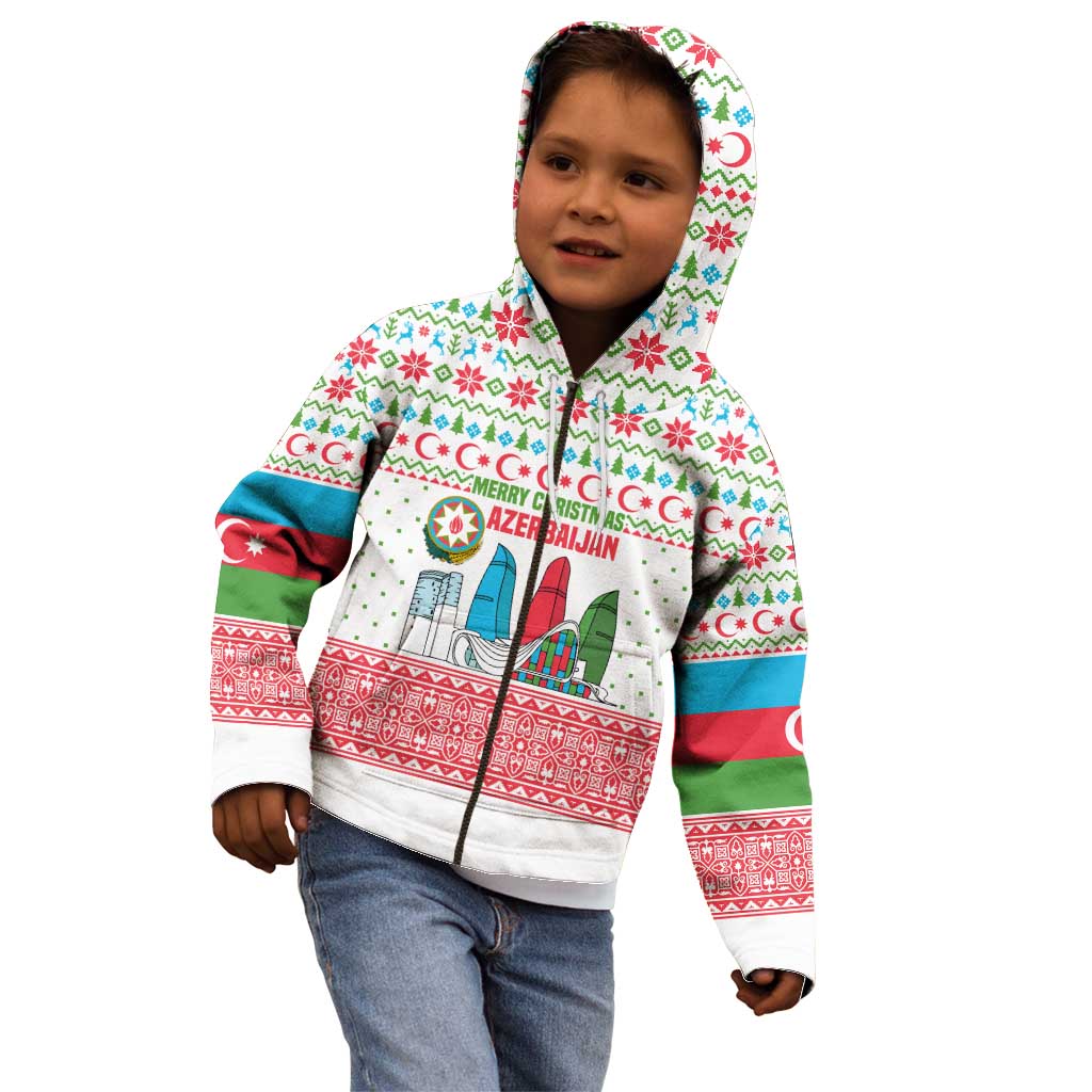 Azerbaijan Christmas Kid Hoodie with Baku Skyline Azerbaijan Flag and Red Green Snowflake Pattern Design - Wonder Print Shop