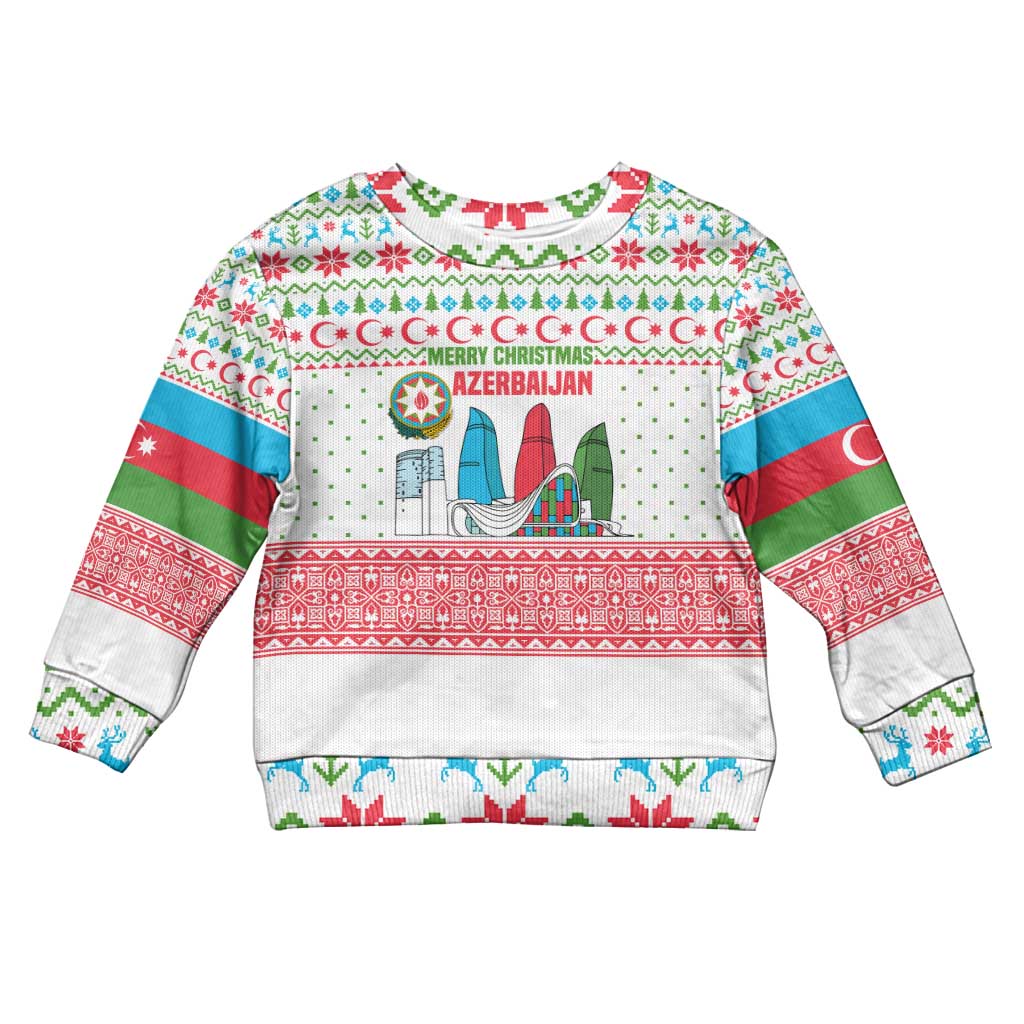 Azerbaijan Christmas Kid Ugly Christmas Sweater with Baku Skyline Azerbaijan Flag and Red Green Snowflake Pattern Design - Wonder Print Shop