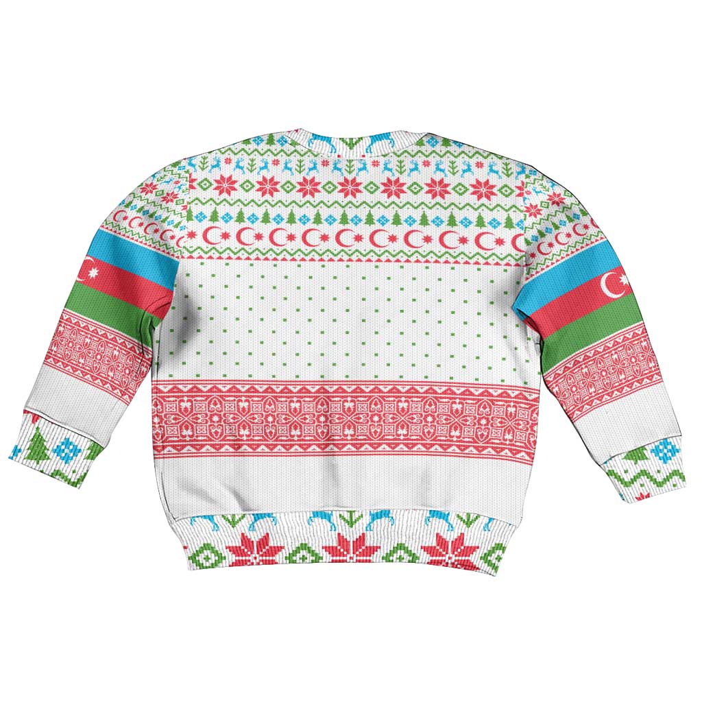 Azerbaijan Christmas Kid Ugly Christmas Sweater with Baku Skyline Azerbaijan Flag and Red Green Snowflake Pattern Design - Wonder Print Shop