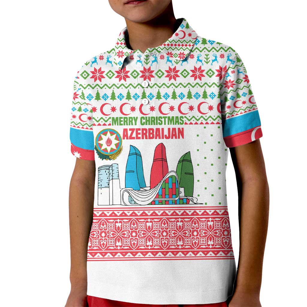 Azerbaijan Christmas Kid Polo Shirt with Baku Skyline Azerbaijan Flag and Red Green Snowflake Pattern Design - Wonder Print Shop