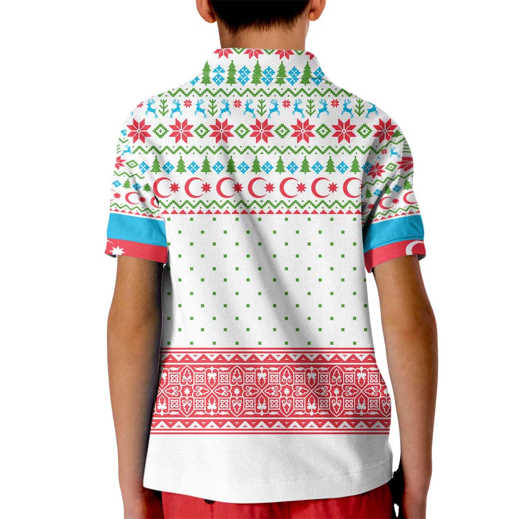 Azerbaijan Christmas Kid Polo Shirt with Baku Skyline Azerbaijan Flag and Red Green Snowflake Pattern Design - Wonder Print Shop