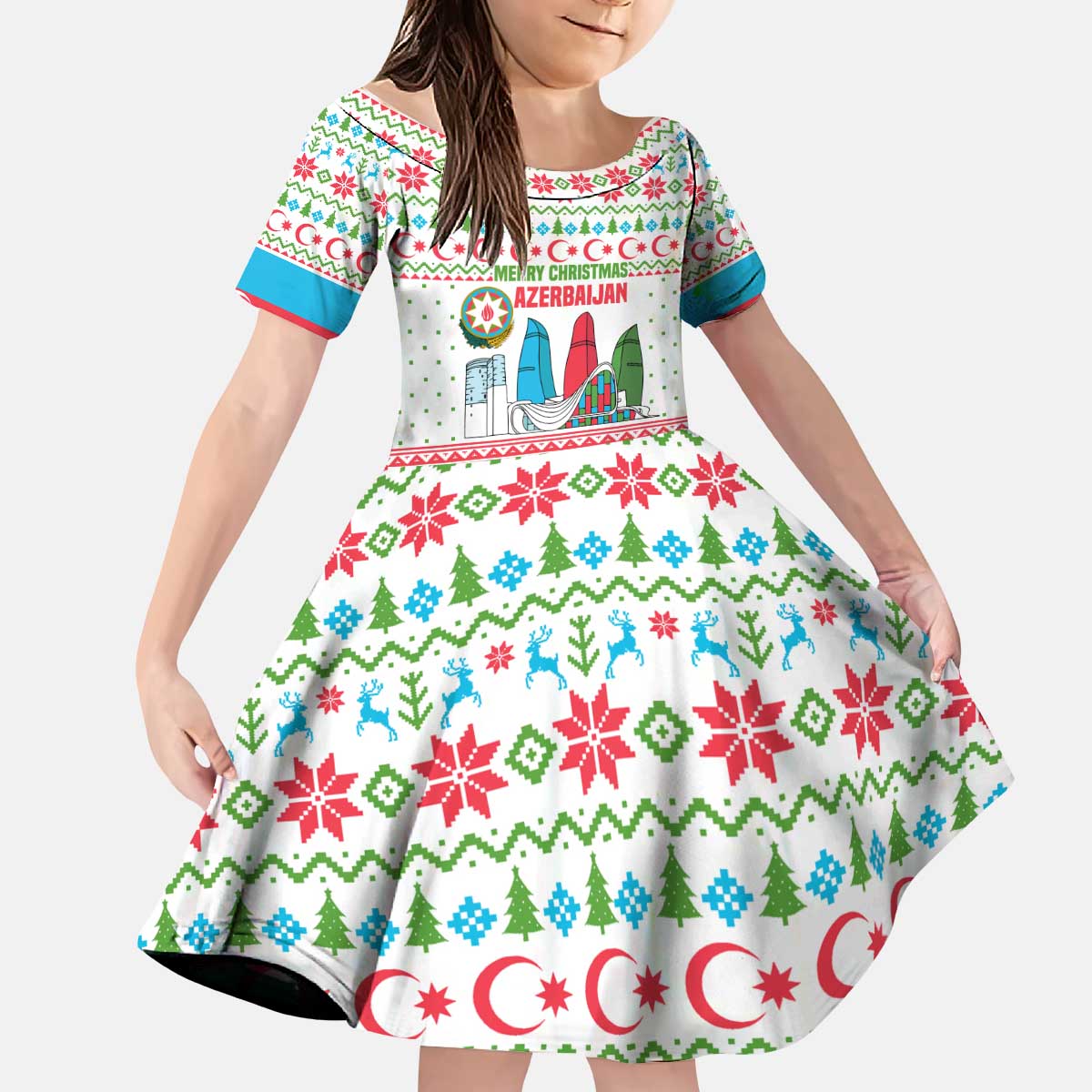 Azerbaijan Christmas Kid Short Sleeve Dress with Baku Skyline Azerbaijan Flag and Red Green Snowflake Pattern Design - Wonder Print Shop