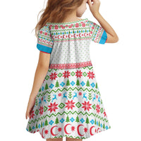 Azerbaijan Christmas Kid Short Sleeve Dress with Baku Skyline Azerbaijan Flag and Red Green Snowflake Pattern Design - Wonder Print Shop