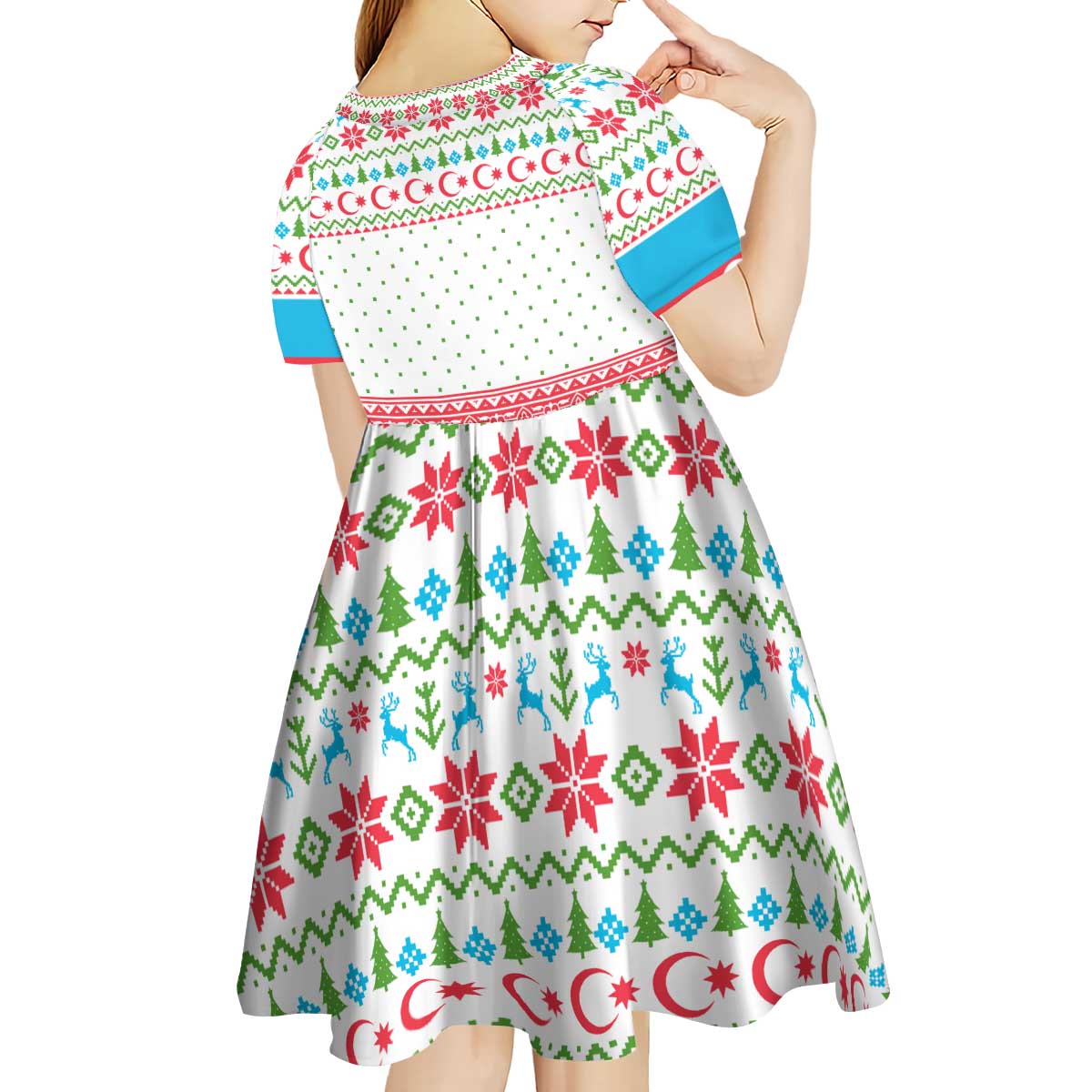 Azerbaijan Christmas Kid Short Sleeve Dress with Baku Skyline Azerbaijan Flag and Red Green Snowflake Pattern Design - Wonder Print Shop