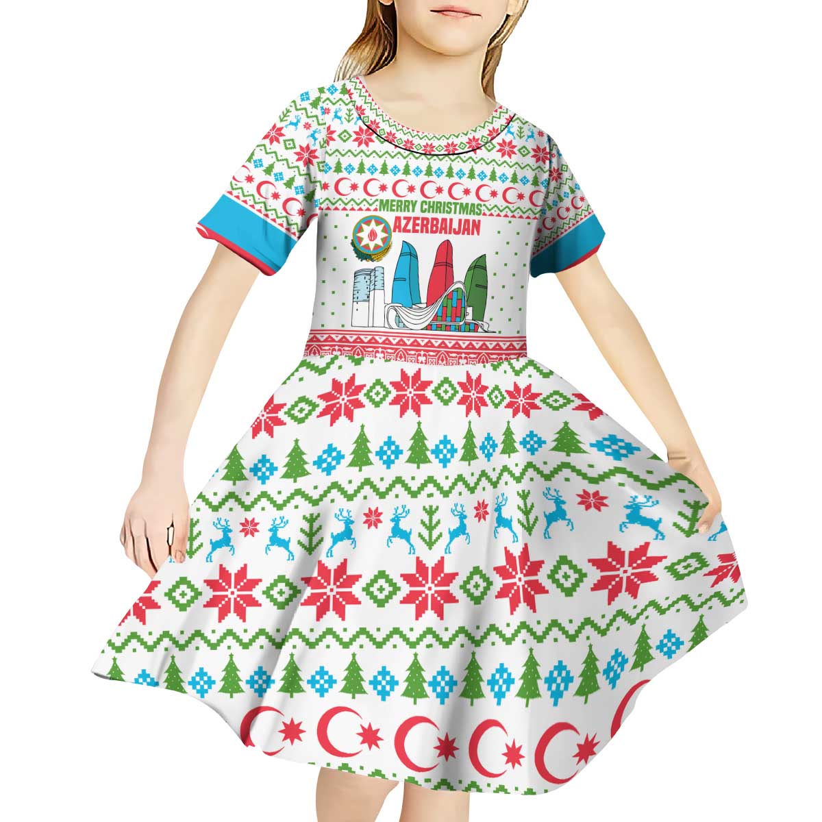 Azerbaijan Christmas Kid Short Sleeve Dress with Baku Skyline Azerbaijan Flag and Red Green Snowflake Pattern Design - Wonder Print Shop