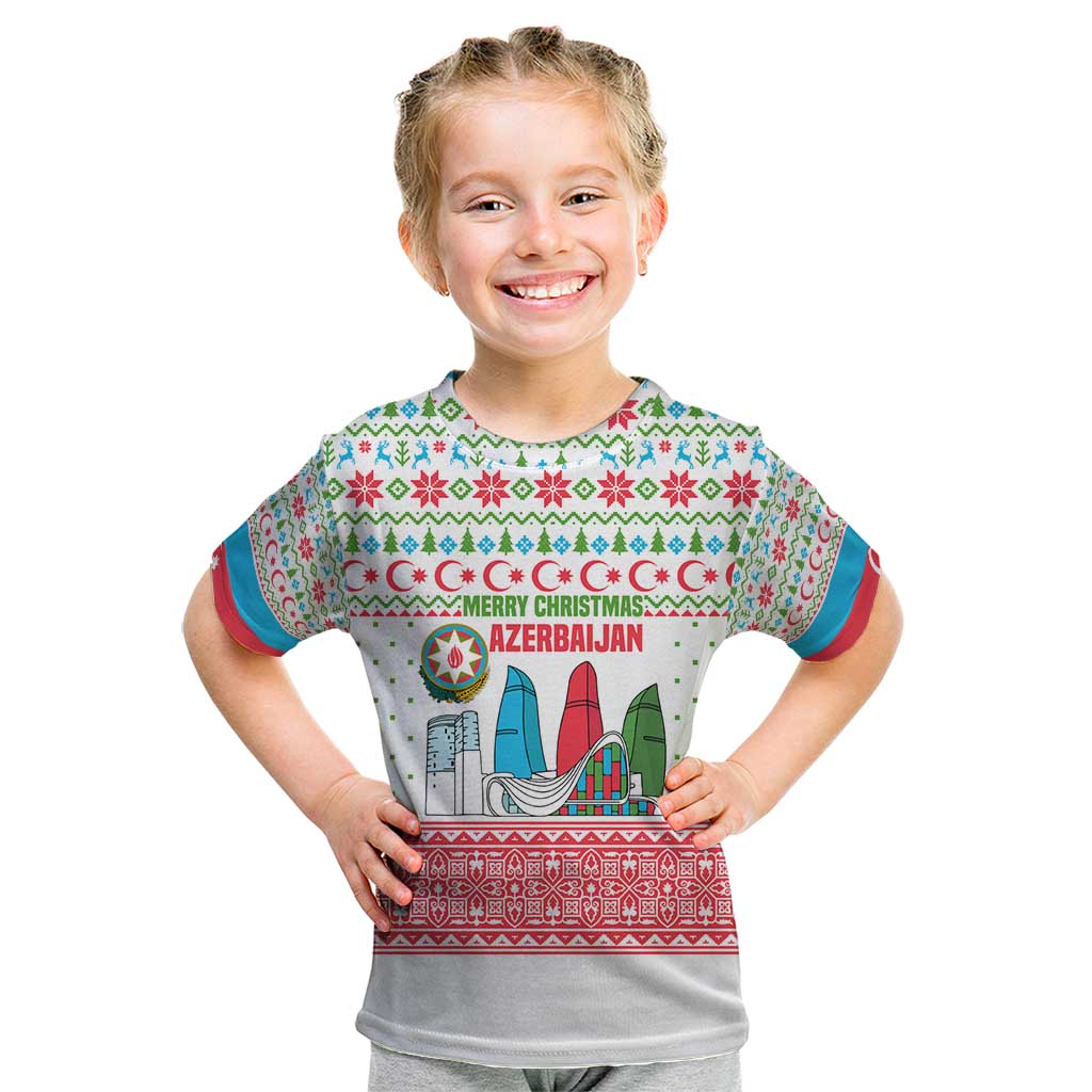 Azerbaijan Christmas Kid T Shirt with Baku Skyline Azerbaijan Flag and Red Green Snowflake Pattern Design - Wonder Print Shop