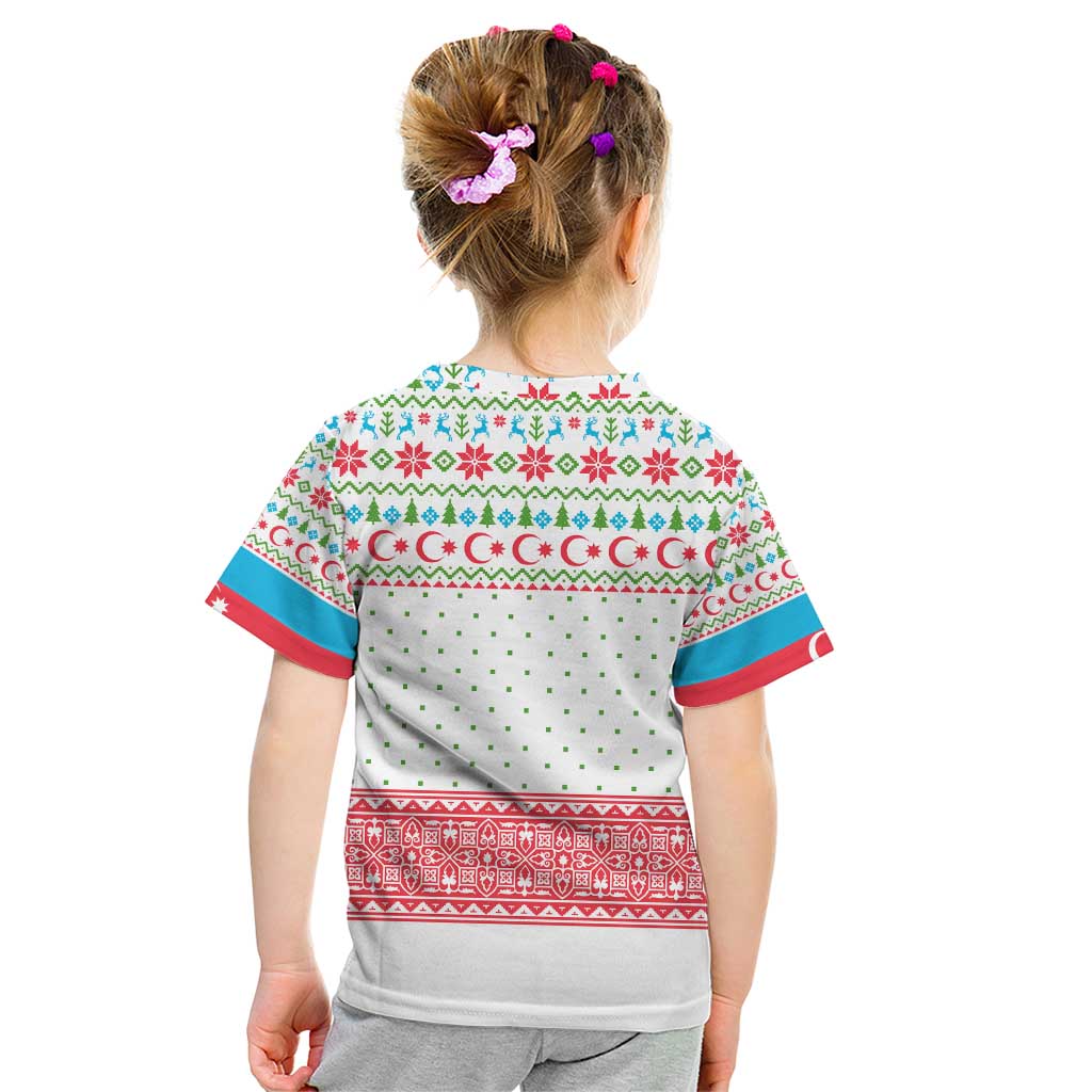 Azerbaijan Christmas Kid T Shirt with Baku Skyline Azerbaijan Flag and Red Green Snowflake Pattern Design - Wonder Print Shop