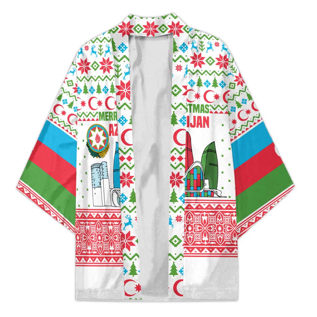 Azerbaijan Christmas Kimono with Baku Skyline Azerbaijan Flag and Red Green Snowflake Pattern Design - Wonder Print Shop