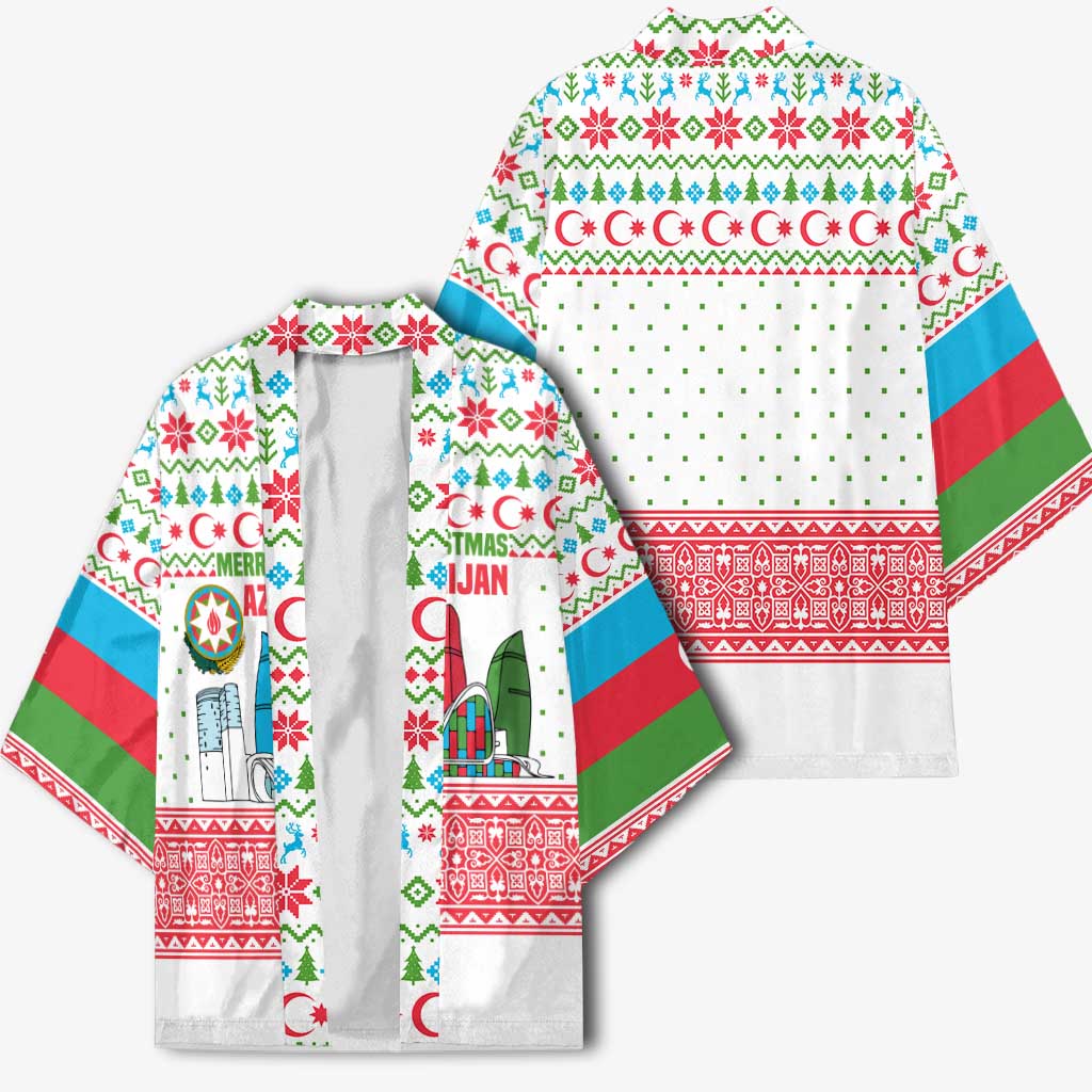 Azerbaijan Christmas Kimono with Baku Skyline Azerbaijan Flag and Red Green Snowflake Pattern Design - Wonder Print Shop