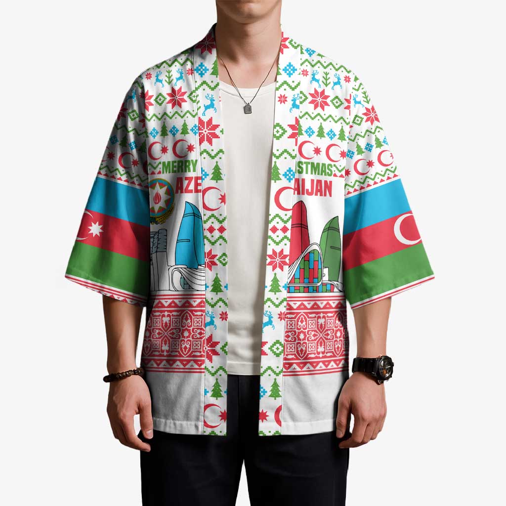 Azerbaijan Christmas Kimono with Baku Skyline Azerbaijan Flag and Red Green Snowflake Pattern Design - Wonder Print Shop