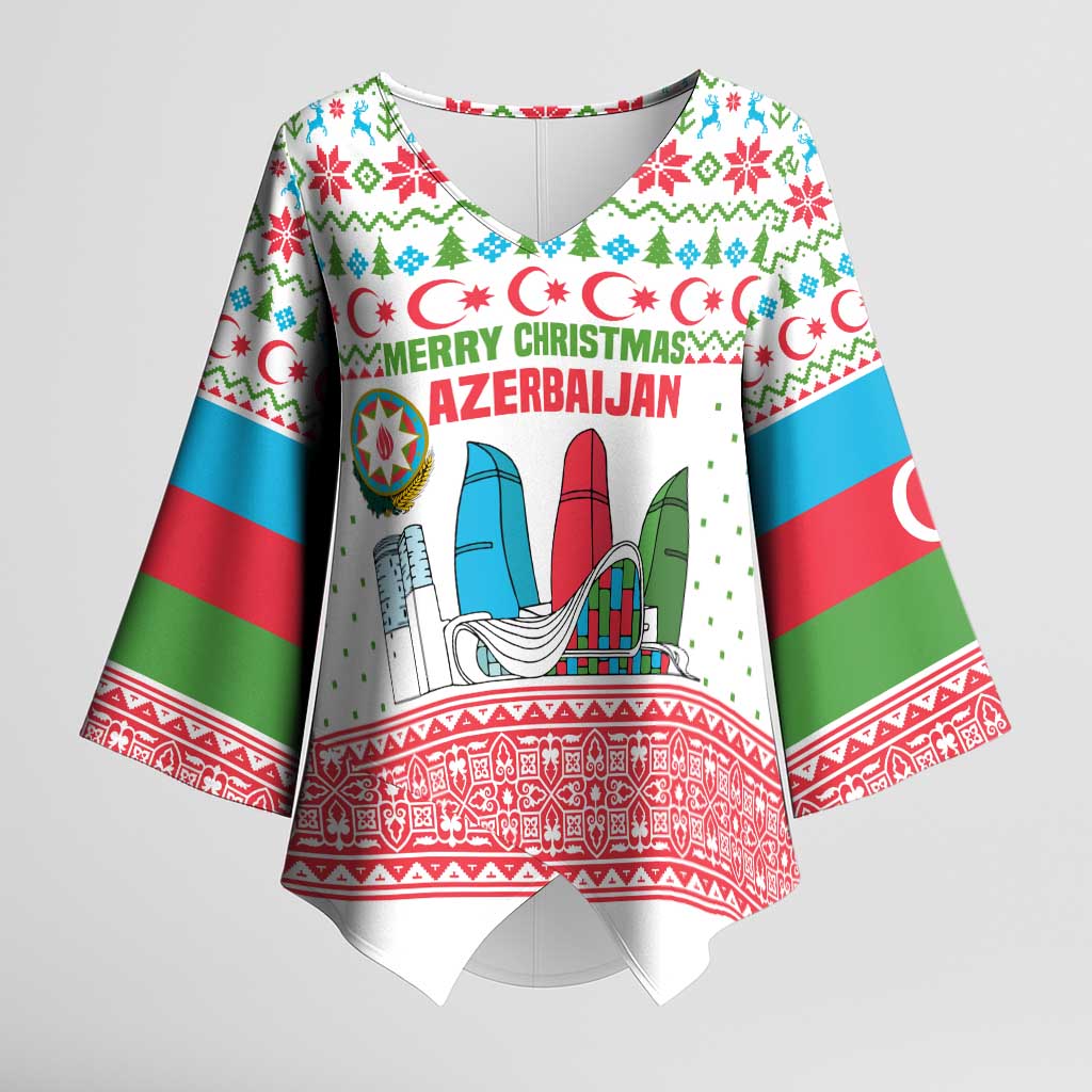 Azerbaijan Christmas Kimono Sleeve Blouse with Baku Skyline Azerbaijan Flag and Red Green Snowflake Pattern Design - Wonder Print Shop
