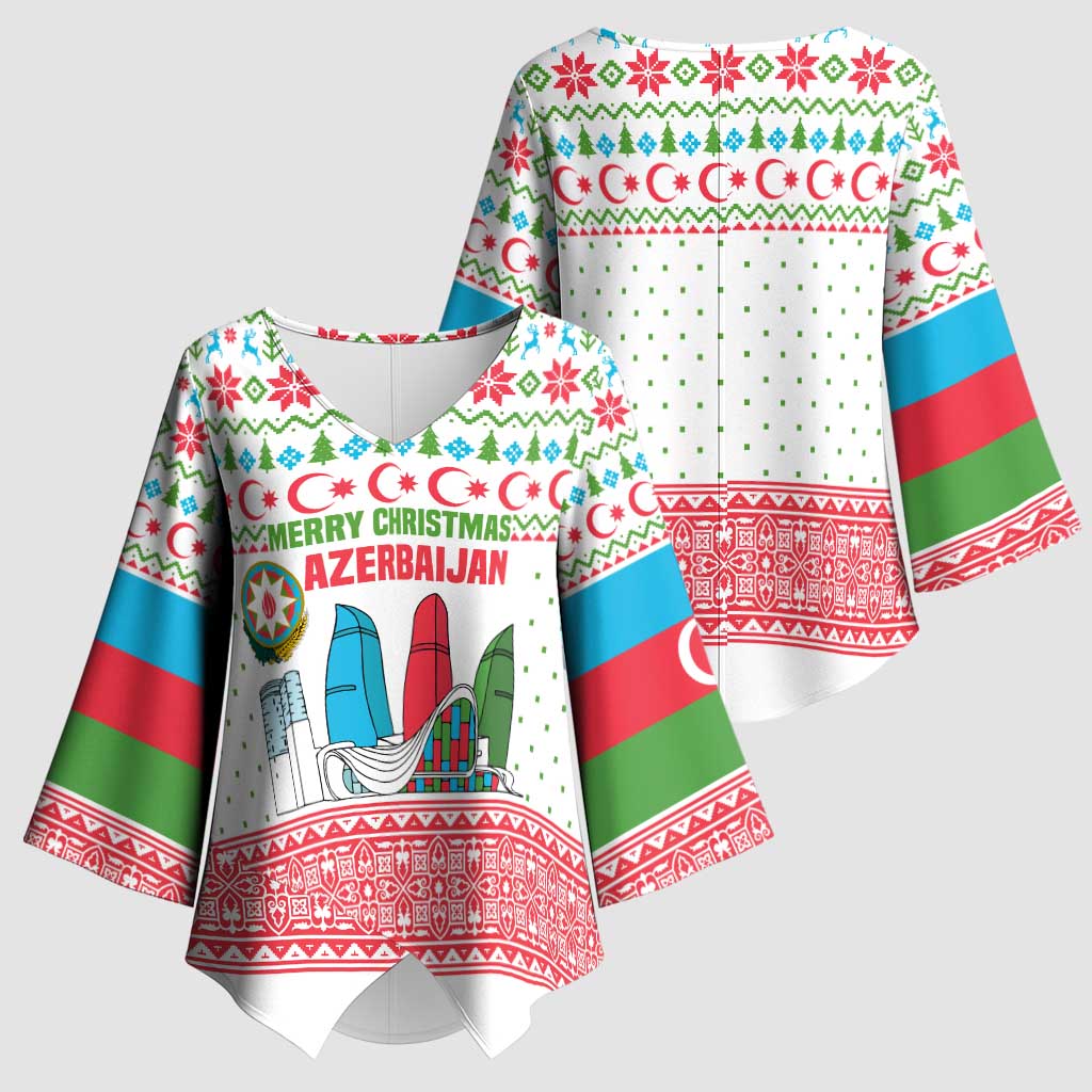 Azerbaijan Christmas Kimono Sleeve Blouse with Baku Skyline Azerbaijan Flag and Red Green Snowflake Pattern Design - Wonder Print Shop