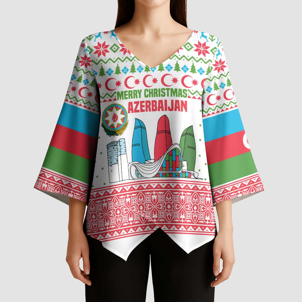 Azerbaijan Christmas Kimono Sleeve Blouse with Baku Skyline Azerbaijan Flag and Red Green Snowflake Pattern Design - Wonder Print Shop