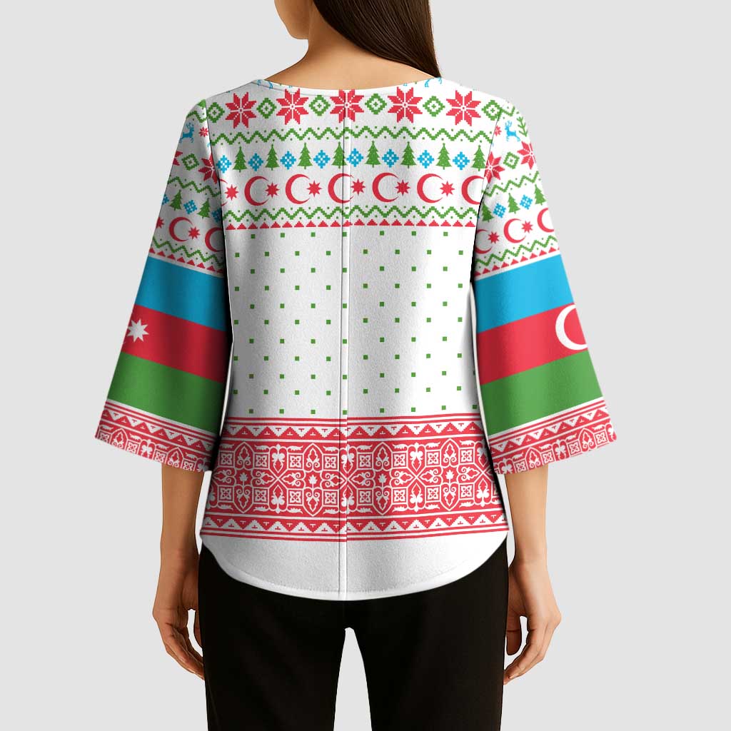 Azerbaijan Christmas Kimono Sleeve Blouse with Baku Skyline Azerbaijan Flag and Red Green Snowflake Pattern Design - Wonder Print Shop