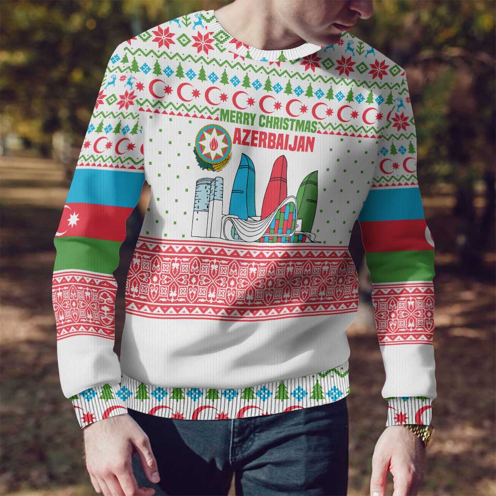 Azerbaijan Christmas Ugly Christmas Sweater with Baku Skyline Azerbaijan Flag and Red Green Snowflake Pattern Design - Wonder Print Shop