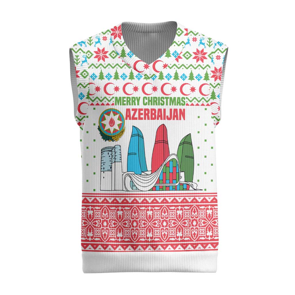 Azerbaijan Christmas Knitted V-Neck Vest with Baku Skyline Azerbaijan Flag and Red Green Snowflake Pattern Design - Wonder Print Shop