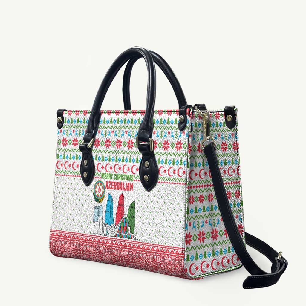 Azerbaijan Christmas Leather Bag with Baku Skyline Azerbaijan Flag and Red Green Snowflake Pattern Design - Wonder Print Shop
