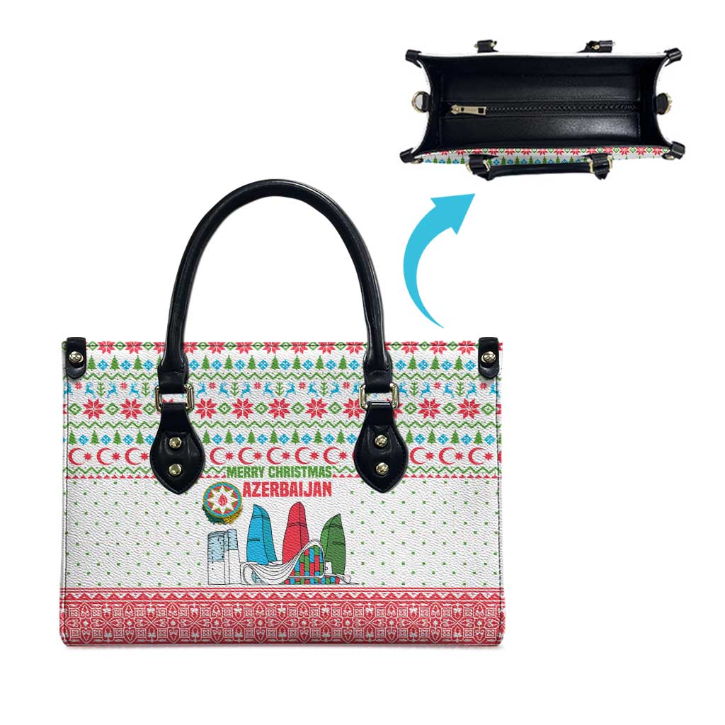 Azerbaijan Christmas Leather Bag with Baku Skyline Azerbaijan Flag and Red Green Snowflake Pattern Design - Wonder Print Shop