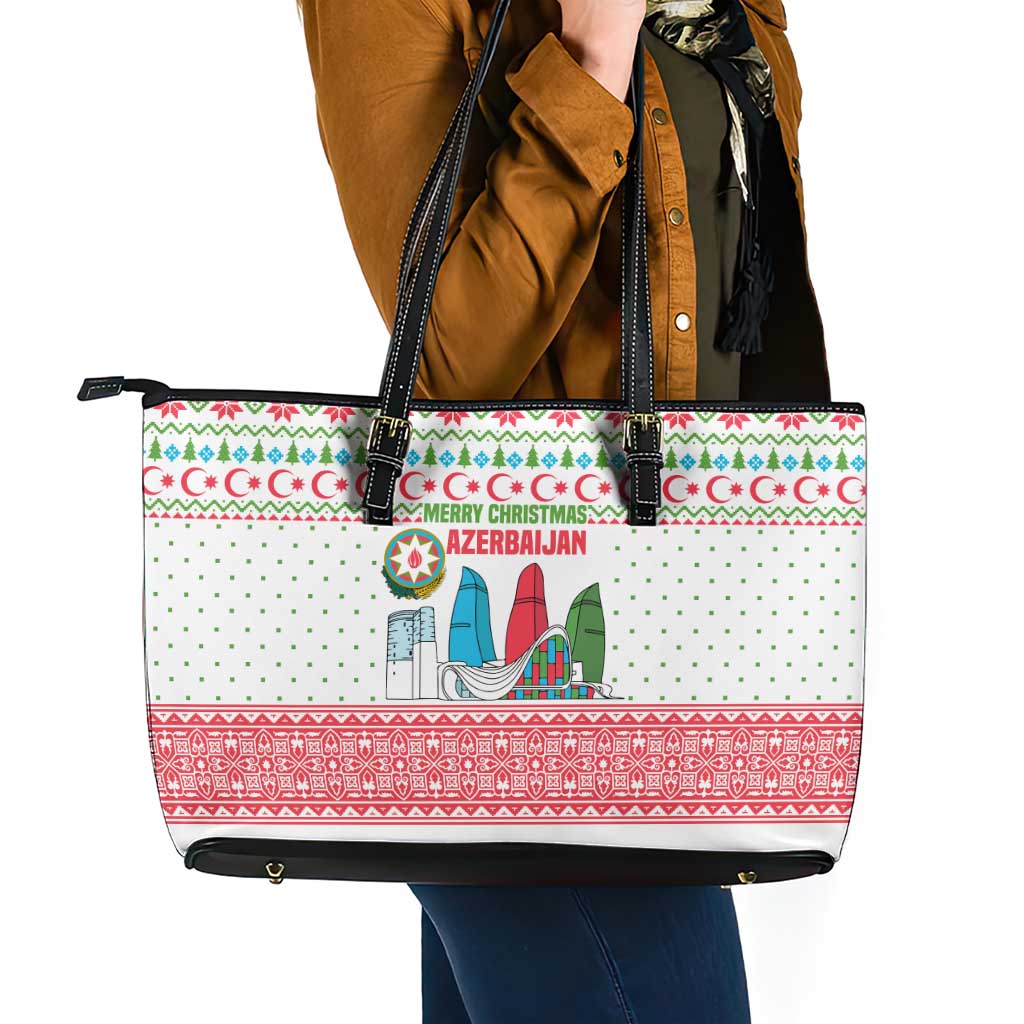 Azerbaijan Christmas Leather Tote Bag with Baku Skyline Azerbaijan Flag and Red Green Snowflake Pattern Design - Wonder Print Shop