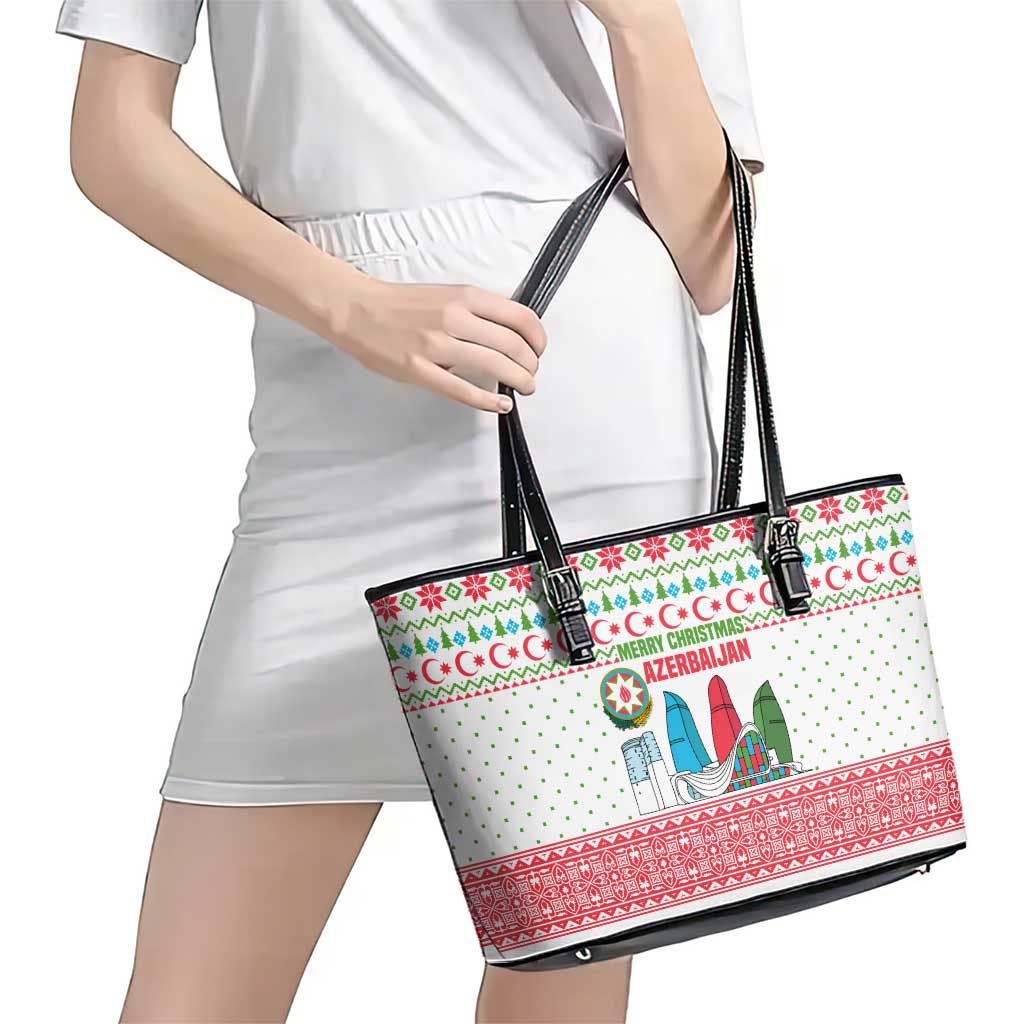 Azerbaijan Christmas Leather Tote Bag with Baku Skyline Azerbaijan Flag and Red Green Snowflake Pattern Design - Wonder Print Shop