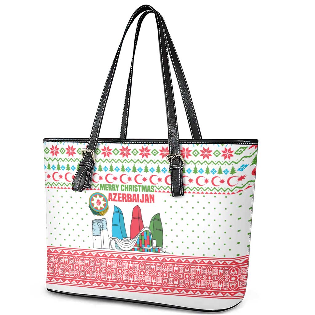 Azerbaijan Christmas Leather Tote Bag with Baku Skyline Azerbaijan Flag and Red Green Snowflake Pattern Design - Wonder Print Shop