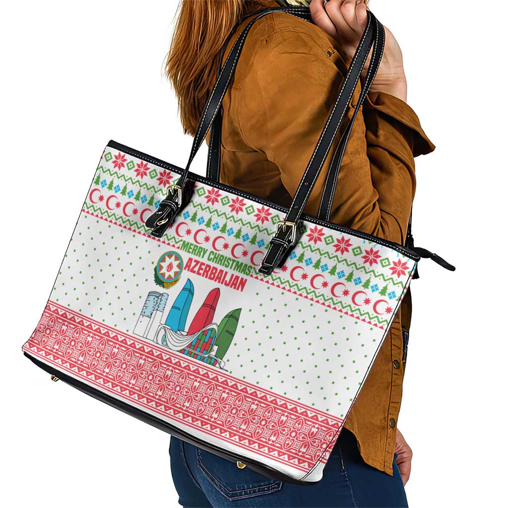 Azerbaijan Christmas Leather Tote Bag with Baku Skyline Azerbaijan Flag and Red Green Snowflake Pattern Design - Wonder Print Shop