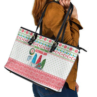 Azerbaijan Christmas Leather Tote Bag with Baku Skyline Azerbaijan Flag and Red Green Snowflake Pattern Design - Wonder Print Shop