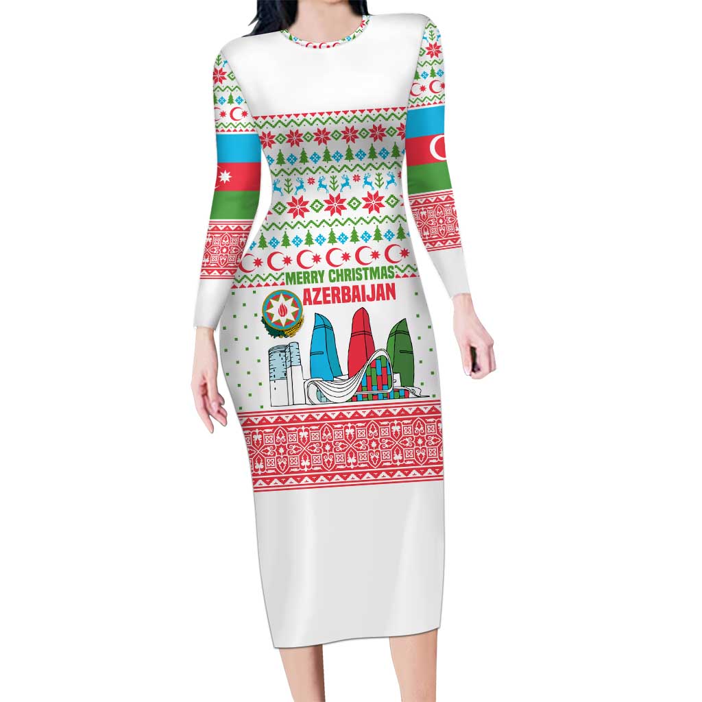 Azerbaijan Christmas Long Sleeve Bodycon Dress with Baku Skyline Azerbaijan Flag and Red Green Snowflake Pattern Design - Wonder Print Shop