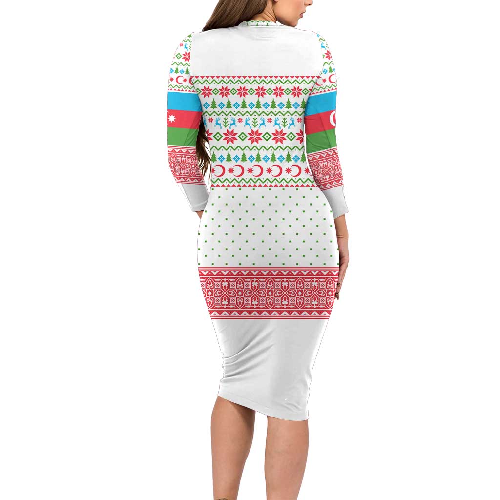 Azerbaijan Christmas Long Sleeve Bodycon Dress with Baku Skyline Azerbaijan Flag and Red Green Snowflake Pattern Design - Wonder Print Shop