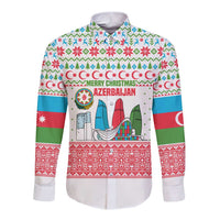 Azerbaijan Christmas Long Sleeve Button Shirt with Baku Skyline Azerbaijan Flag and Red Green Snowflake Pattern Design - Wonder Print Shop