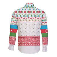 Azerbaijan Christmas Long Sleeve Button Shirt with Baku Skyline Azerbaijan Flag and Red Green Snowflake Pattern Design - Wonder Print Shop