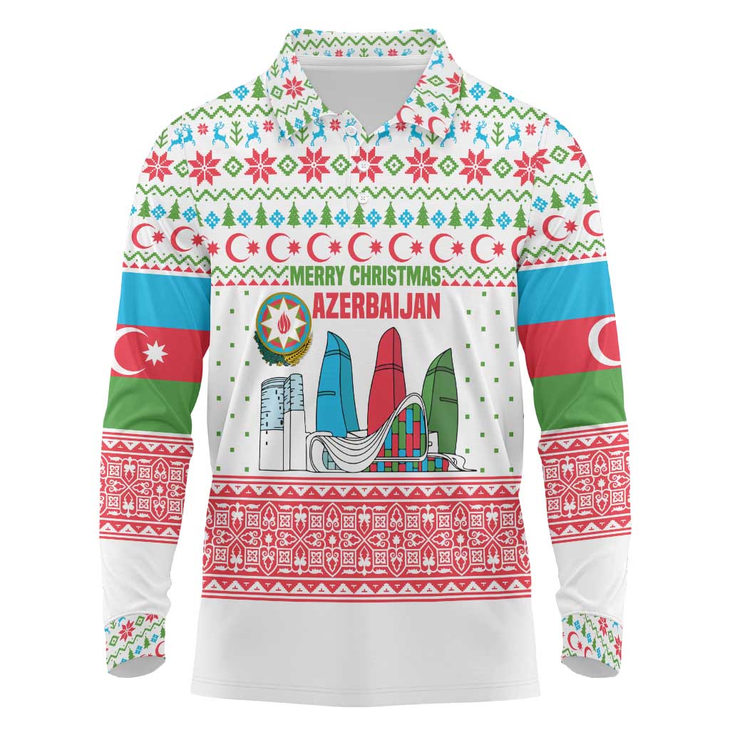 Azerbaijan Christmas Long Sleeve Polo Shirt with Baku Skyline Azerbaijan Flag and Red Green Snowflake Pattern Design - Wonder Print Shop
