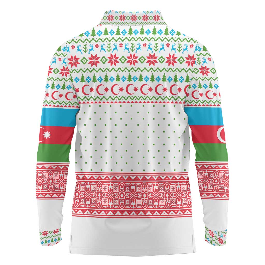 Azerbaijan Christmas Long Sleeve Polo Shirt with Baku Skyline Azerbaijan Flag and Red Green Snowflake Pattern Design - Wonder Print Shop