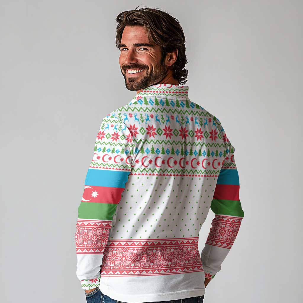 Azerbaijan Christmas Long Sleeve Polo Shirt with Baku Skyline Azerbaijan Flag and Red Green Snowflake Pattern Design - Wonder Print Shop