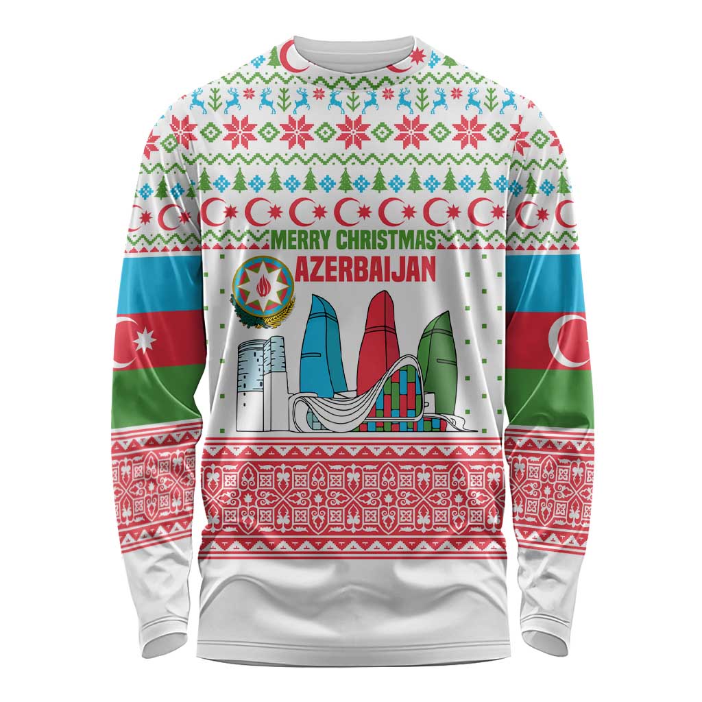 Azerbaijan Christmas Long Sleeve Shirt with Baku Skyline Azerbaijan Flag and Red Green Snowflake Pattern Design - Wonder Print Shop