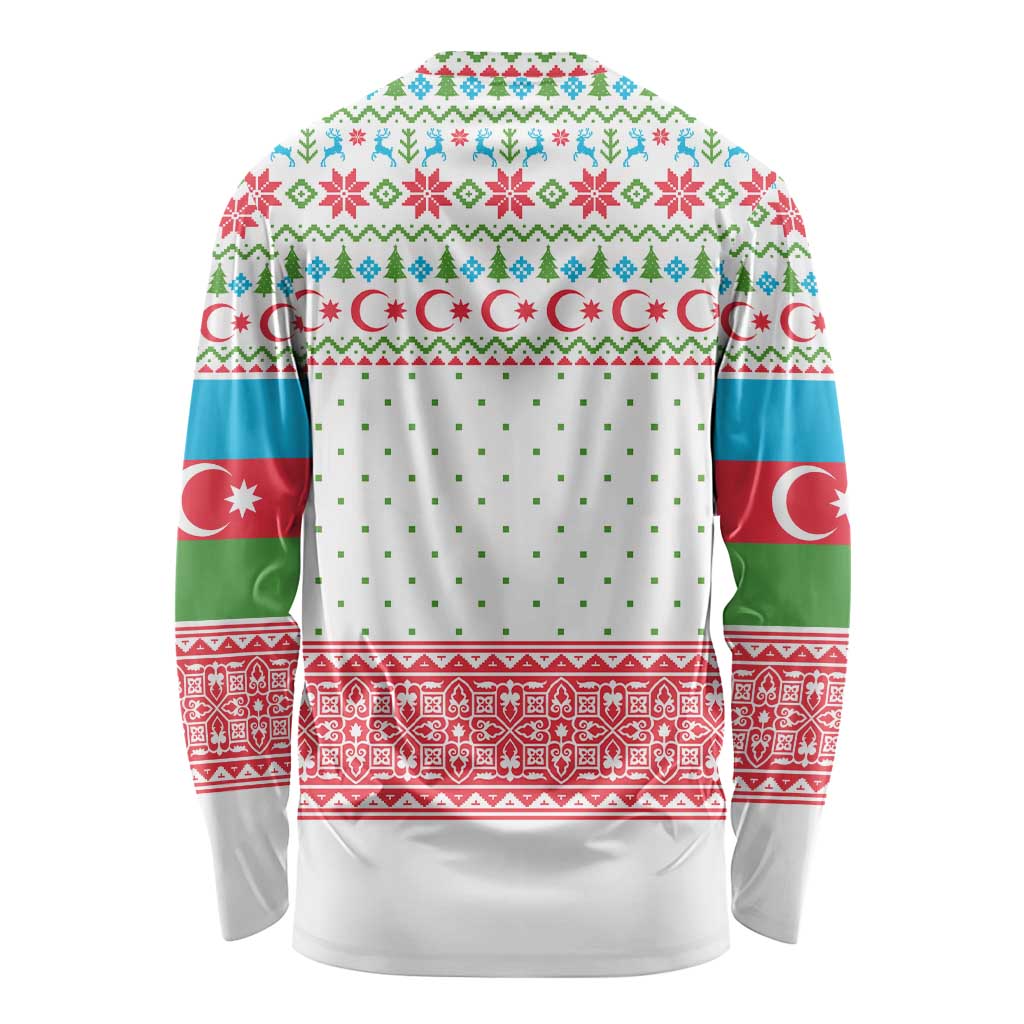 Azerbaijan Christmas Long Sleeve Shirt with Baku Skyline Azerbaijan Flag and Red Green Snowflake Pattern Design - Wonder Print Shop